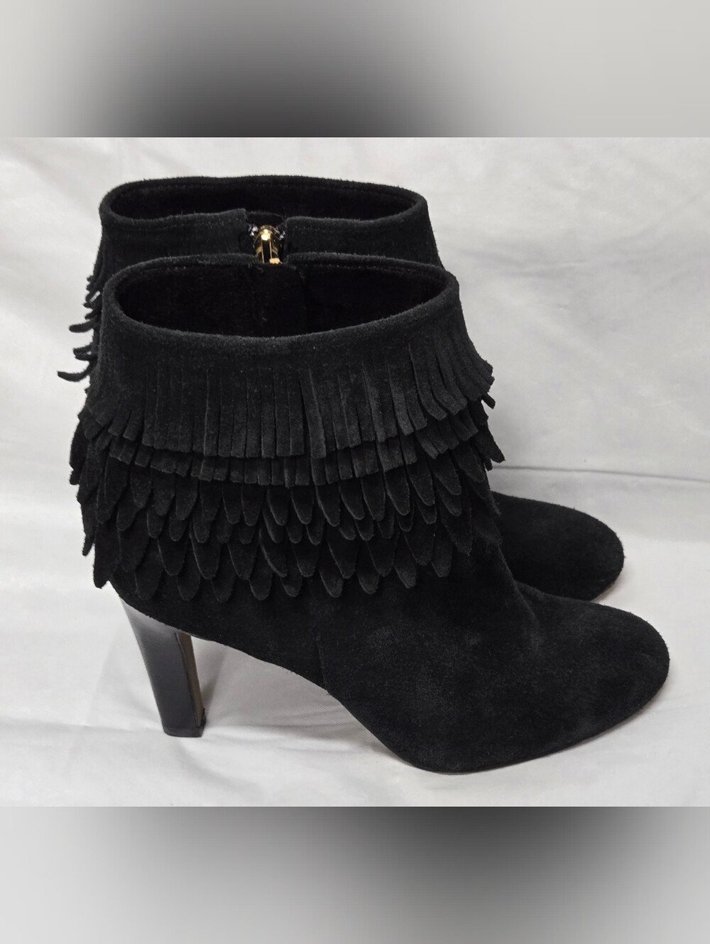 Isola 8 Black Leather Suede Ankle Boots. Fringe Heel Zipper
